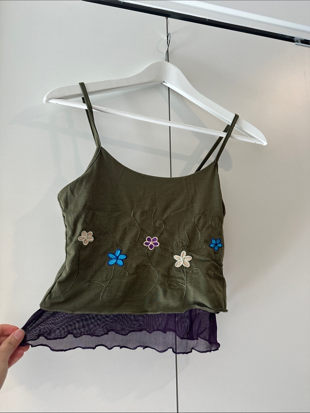 Olive Green Floral Appliqué Cami Top with Purple Mesh Hem - Picture 2 of 4